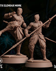 two detailed, muscular male figures in action poses, one with a spear and the other with a staff, set against a dark background.