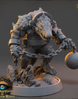 A detailed 3D model of a fierce-looking creature, possibly a dragon or serpent, holding a large ball and standing on a rocky surface.