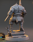 A 3D rendering of a large, imposing figure with a sword and other weapons, standing on a platform. The figure appears to be a warrior or warrior-like character, with a distinctive design and intricate details.