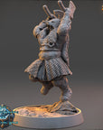 A detailed 3D model of a fantasy character, possibly a dwarf or gnome, standing on a platform and holding a weapon in their hands.