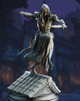 A detailed 3D model of a female warrior figure, wearing a long cloak and wielding a sword, standing on a rooftop against a dark, fantastical background.