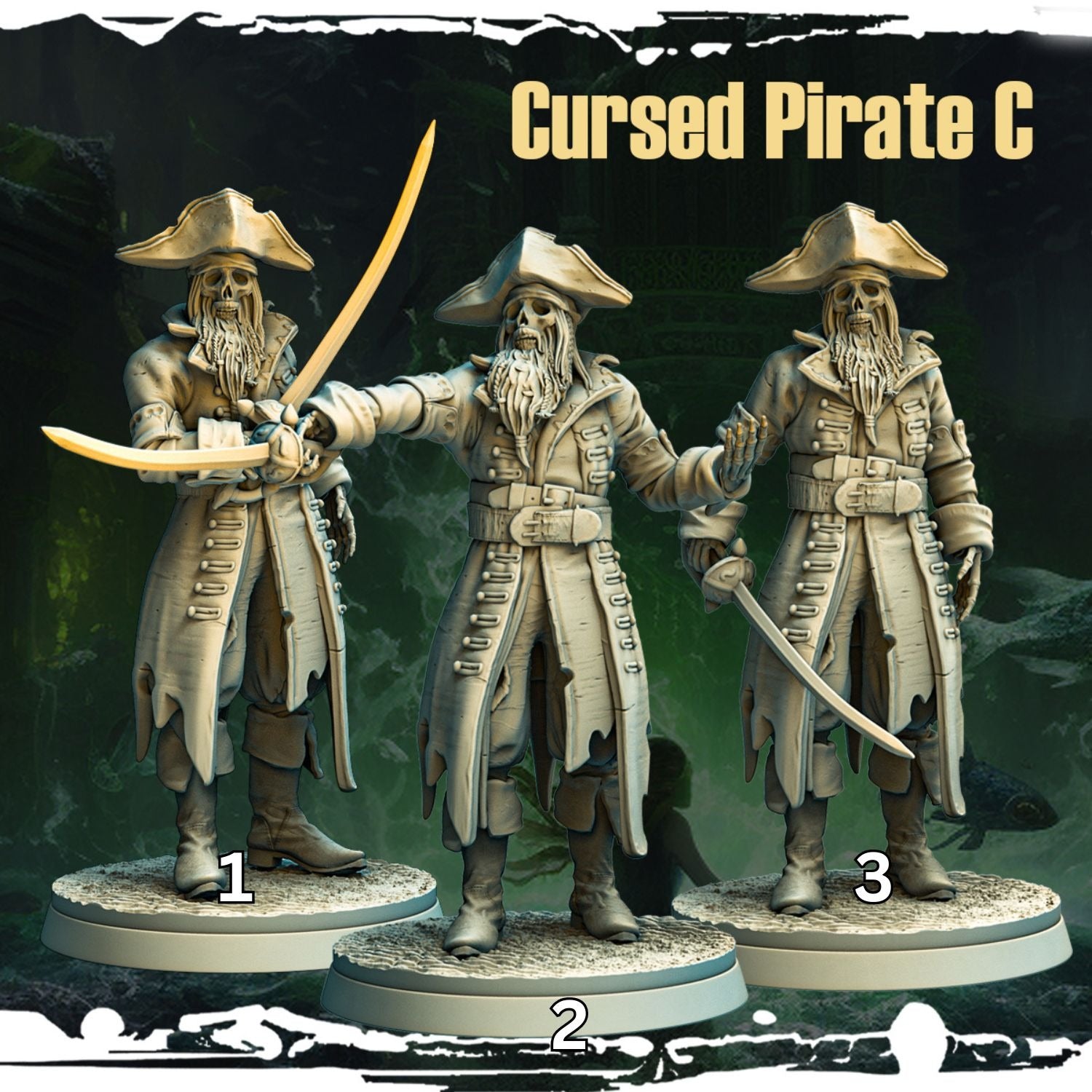 Cursed Pirates - Terror on Cursed Waters - 3d Printed Miniature Sculpted by Monolith Arts