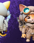 a cat in a space suit holding a gun and a cat in a space suit