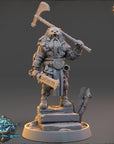 A detailed 3D model of a fantasy character, likely a dwarf or gnome, standing on a pedestal and holding a large weapon. The character is wearing a long beard and has a distinctive hairstyle. The image is a collage of various images, and the caption provided is a description of the image without any redundancy or vague wording.