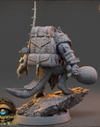 A detailed 3D model of a fantastical creature, possibly a mythical or magical being, with various accessories and equipment attached to it. The creature is standing on a rocky surface, and the background is dark, creating a dramatic and mysterious atmosphere.
