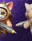a cat with a gun and a cat in a space suit