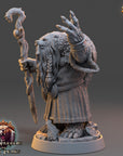 A detailed 3D model of a fantasy character, likely a gnome or wizard, holding a staff and standing on a platform. The character has a long beard and is wearing a robe with intricate patterns. The image is described as a "daybreak miniatures" and "The Wardens of Fear", suggesting it is part of a larger collection of miniatures or fantasy-themed artwork.