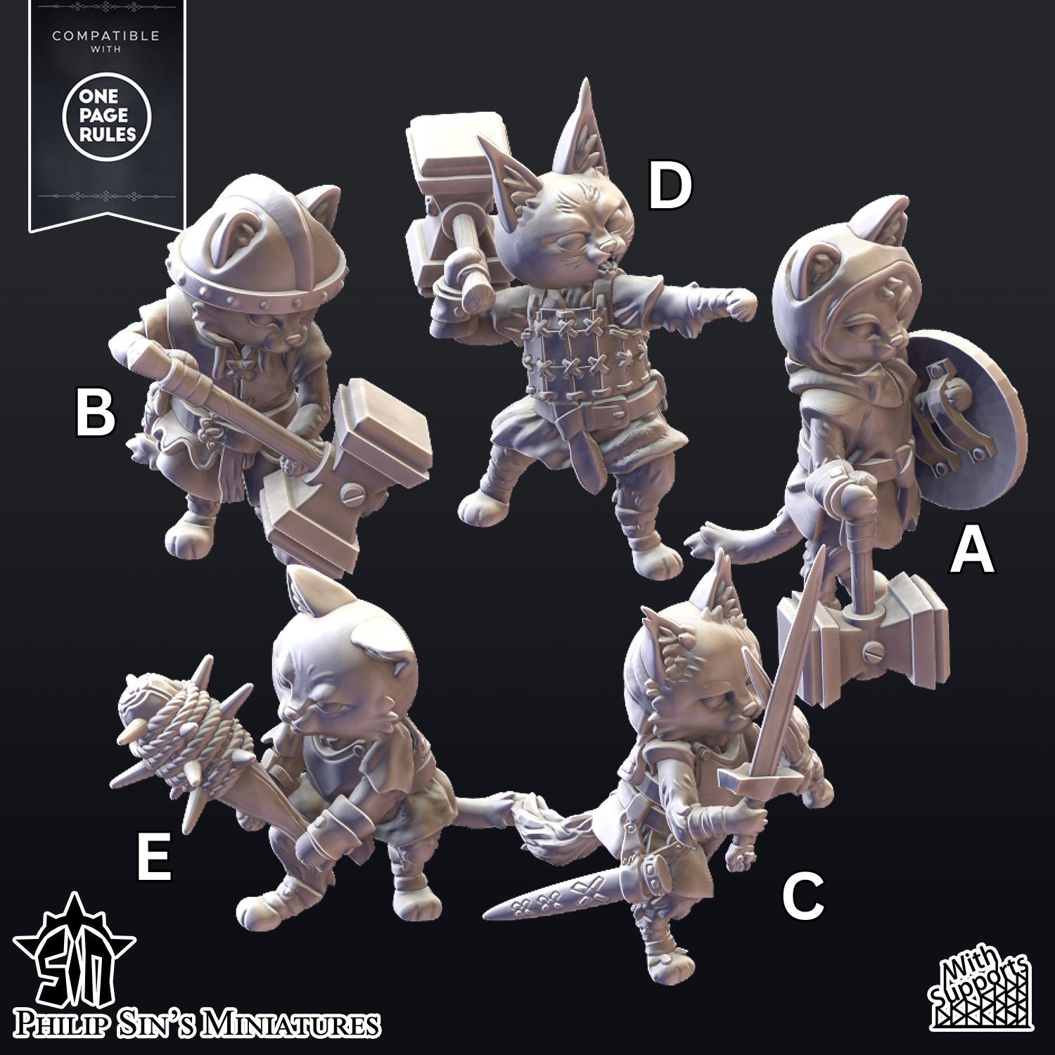 Kitten Initiates with Great Weapons - Catfolk of Merrowcove - 3d Printed Miniature Sculpted by Philip Sins