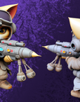 a cat in a space suit holding a gun and another cat in a space suit