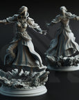 two detailed 3D models of female characters, each with flowing robes and intricate armor, set against a dark background.