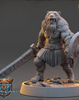 A detailed 3D model of a warrior figure, likely from a fantasy or adventure game, standing on a base and holding a large sword and shield.