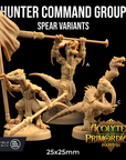 The image is a promotional poster for a "Hunter Command Group" spear variant from the video game Acolytes of the Primordials Part III. The poster features three different spear variant figures, each with unique poses and weapons, set against a black background.