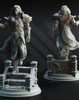 two detailed 3D models of fantasy characters, including a male figure with long hair and a flowing robe, and a female figure with long hair and a flowing dress. The characters are standing on pedestals and appear to be in a dynamic pose, with one character facing forward and the other facing backward. The background is dark, which emphasizes the intricate details of the sculptures.