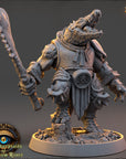A detailed 3D model of a fantastical creature, possibly a mythical or magical being, with intricate armor and weapons. The creature is standing on a base and appears to be ready for battle or action.