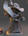 A 3D rendering of a wizard statue with a flowing robe and a large hat, set against a dark background.