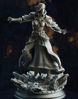A detailed 3D model of a female warrior figure, wearing a flowing robe and wielding a weapon, standing on a base and surrounded by a dramatic, rocky landscape.