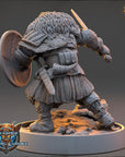 A detailed 3D model of a warrior figure, wearing a fur-lined helmet and armor, holding a shield and sword. The figure is standing on a rocky base, and the background is dark, creating a dramatic effect.