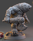 A detailed 3D model of a fierce-looking bear wielding a large weapon, likely a mace or sword, against a dark background.
