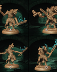 a set of four pictures of a statue of a demon