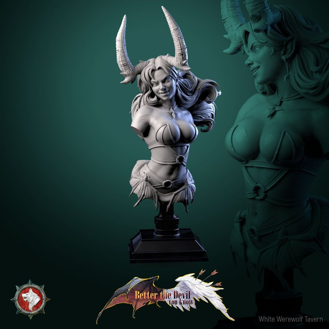 Darkheart Dame Bust - Better the Devil You Know - 3d Printed Miniature Sculpted by White Werewolf Tavern