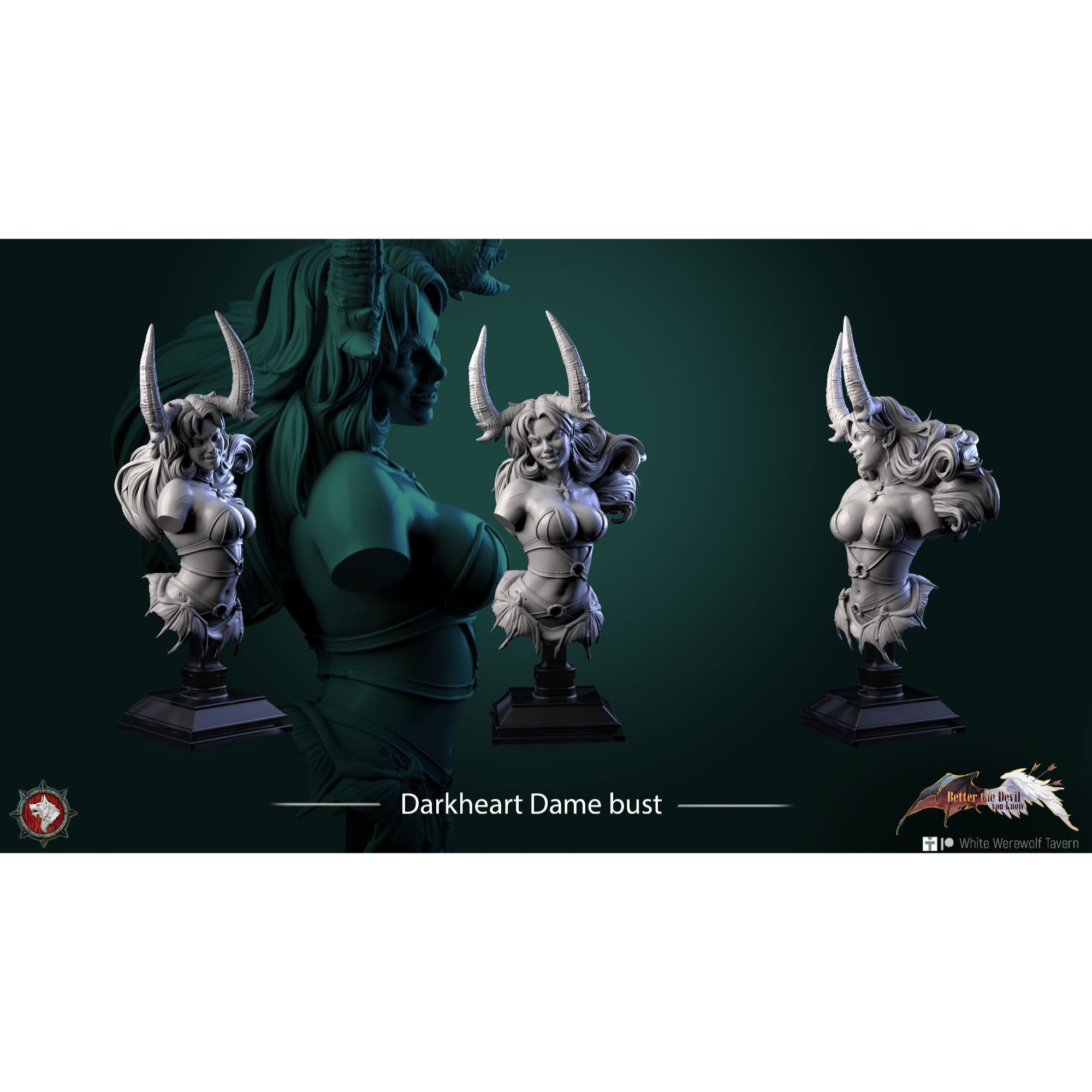 Darkheart Dame Bust - Better the Devil You Know - 3d Printed Miniature Sculpted by White Werewolf Tavern