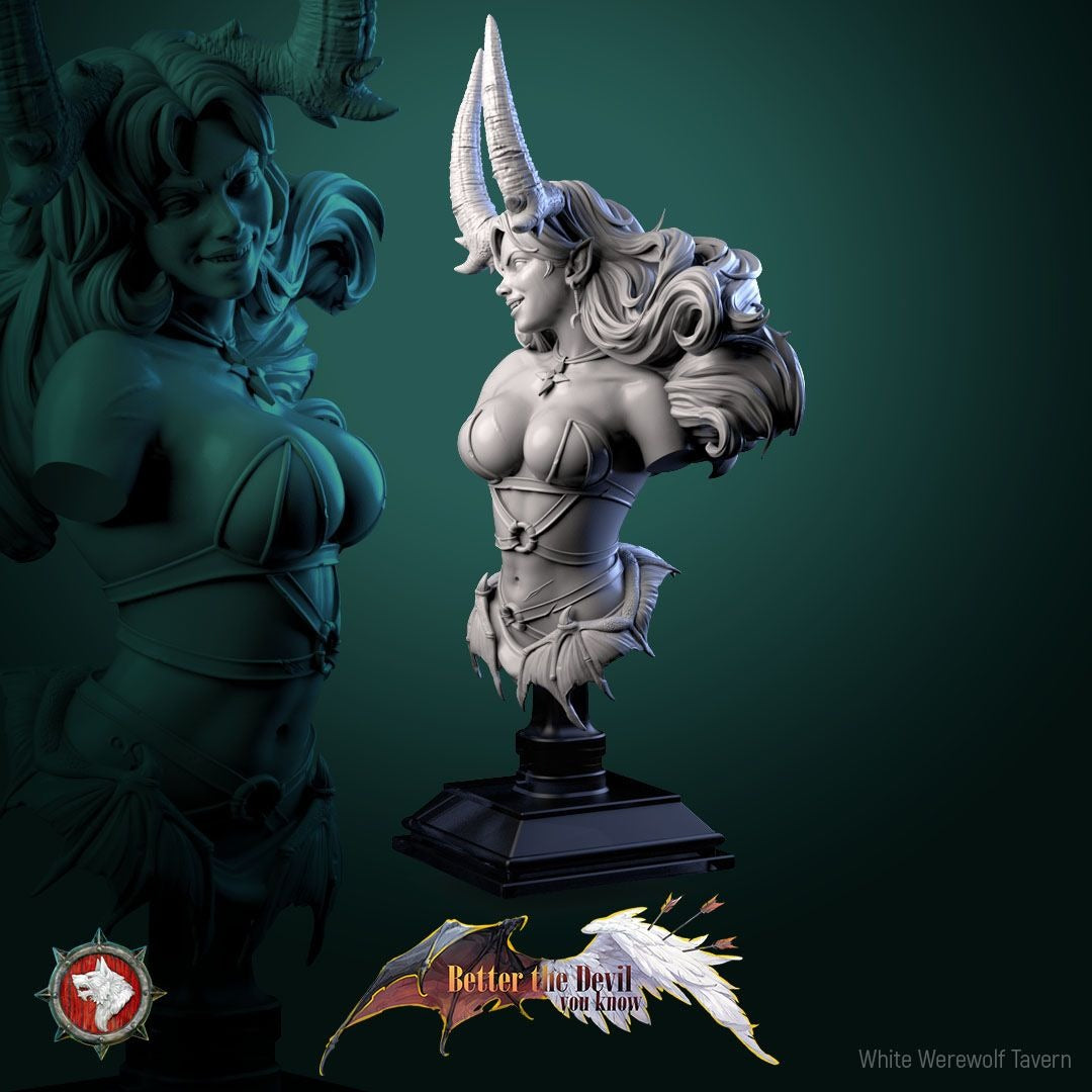 Darkheart Dame Bust - Better the Devil You Know - 3d Printed Miniature Sculpted by White Werewolf Tavern
