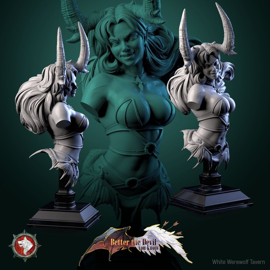 Darkheart Dame Bust - Better the Devil You Know - 3d Printed Miniature Sculpted by White Werewolf Tavern