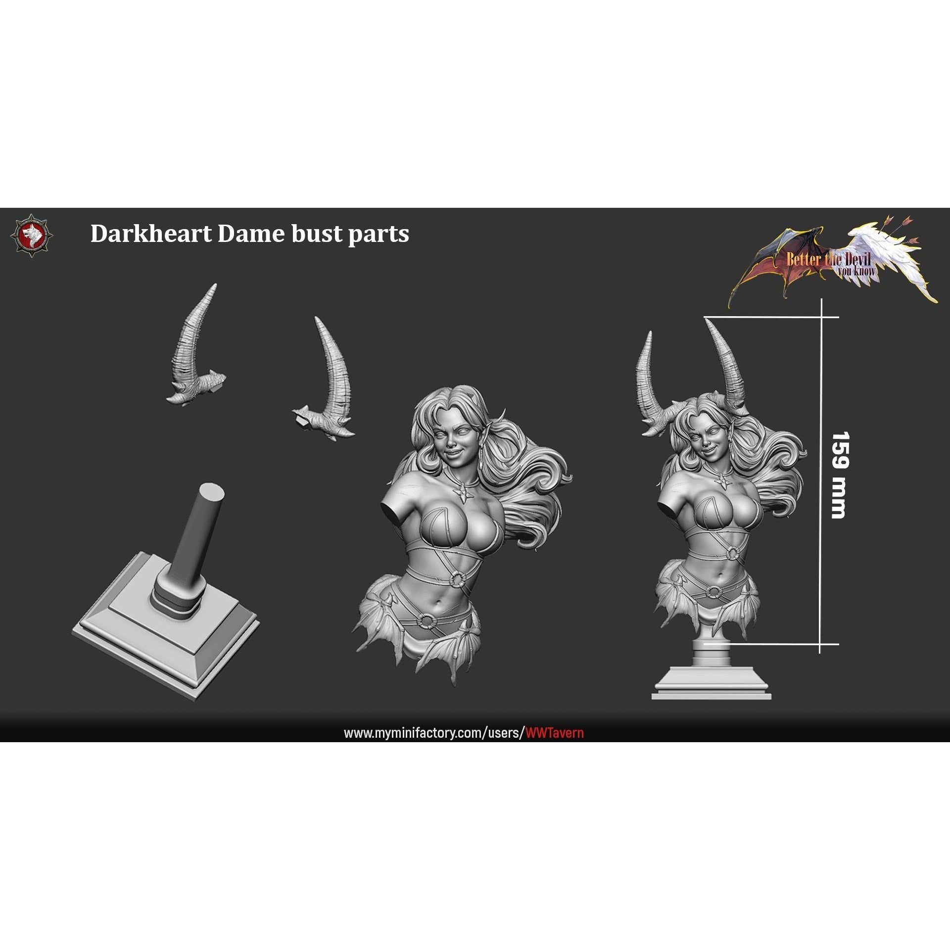 Darkheart Dame Bust - Better the Devil You Know - 3d Printed Miniature Sculpted by White Werewolf Tavern