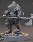 A detailed 3D model of a bearded dwarf warrior holding a large weapon, standing on a base with a skull and a shield.