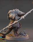 A 3D model of a fantastical creature, possibly a dragon or serpent, with a long, curved weapon in its hands. The creature is standing on a rocky base and appears to be in a fighting stance.
