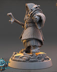A 3D rendering of a fantasy character, possibly a wizard or magical being, standing on a rocky base and holding a staff or staff-like object.