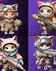 four different pictures of a cat with guns