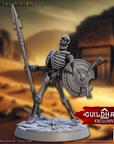 a skeleton statue holding a spear and shield
