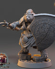 A 3D model of a female warrior figure, wearing a fur-trimmed outfit and wielding a shield with a symbol on it.