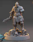 A detailed 3D model of a warrior figure, likely from a fantasy or adventure game, standing on a rocky base and holding a sword.