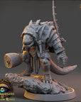 A detailed 3D model of a fantastical creature, possibly a dragon or serpent, standing on a rock formation. The creature has a large head, sharp teeth, and a long, curved tail. The image is part of a larger collection of images related to the "Daybreak Miniatures" series.
