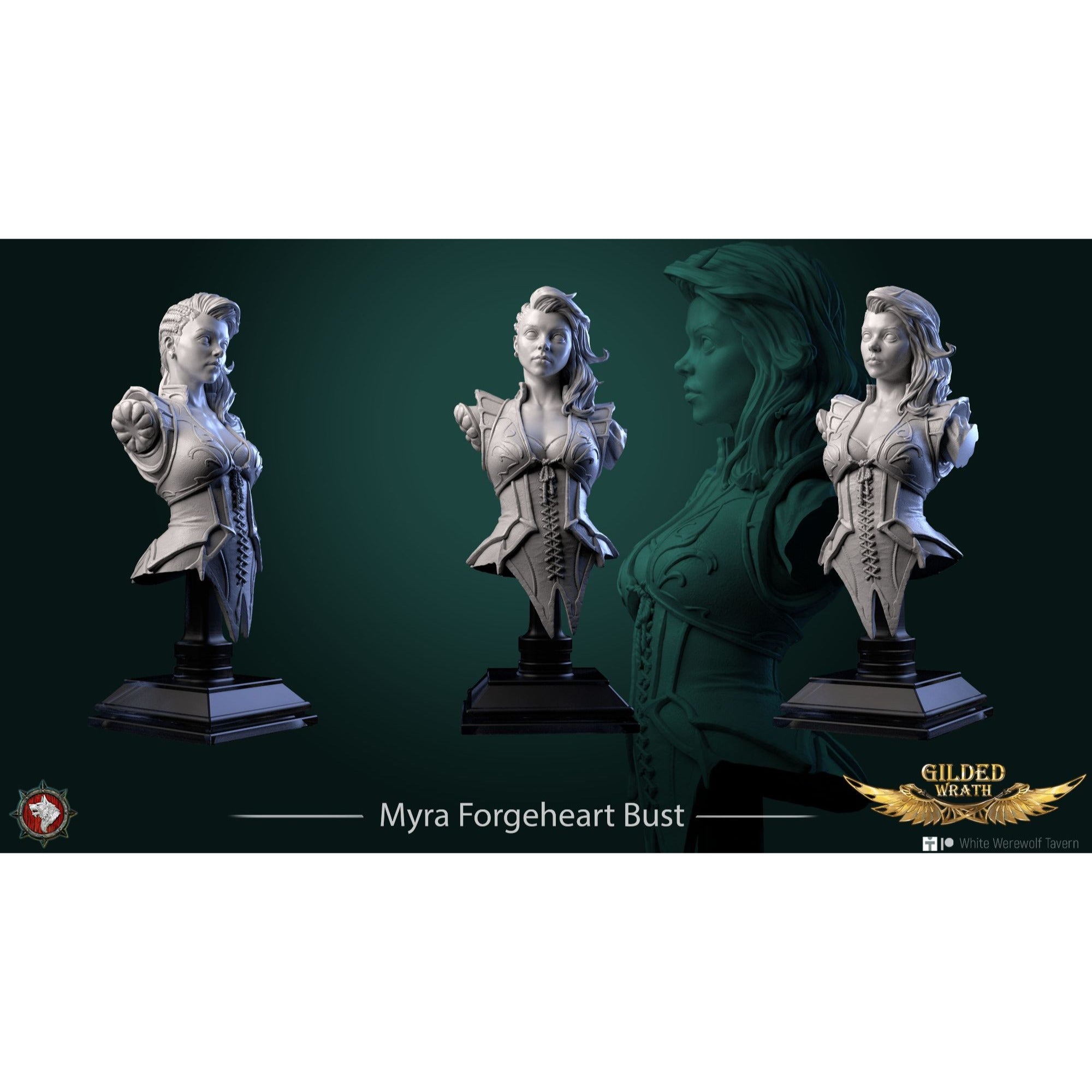 Myra Forgeheart Bust - Gilded Wrath - 3d Printed Miniature Sculpted by White Werewolf Tavern