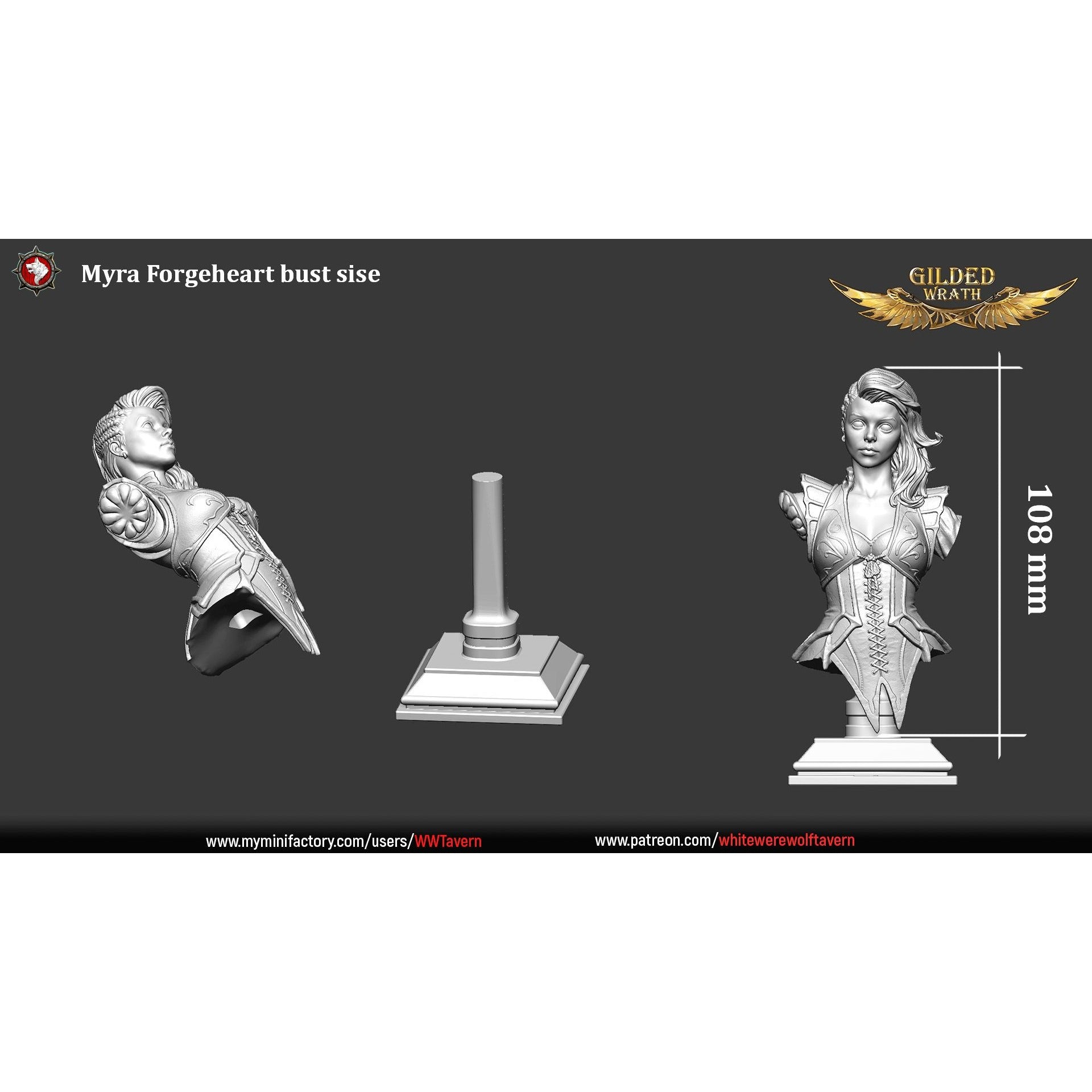 Myra Forgeheart Bust - Gilded Wrath - 3d Printed Miniature Sculpted by White Werewolf Tavern
