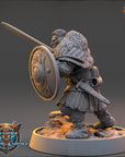 A detailed 3D model of a warrior figure, wearing a fur-lined cloak and wielding a shield and sword, standing on a rocky base.