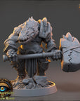 A detailed 3D model of a heavily armored and battle-ready fantasy creature, likely a dragon or similar mythical creature, holding a large hammer and standing on a rocky base.