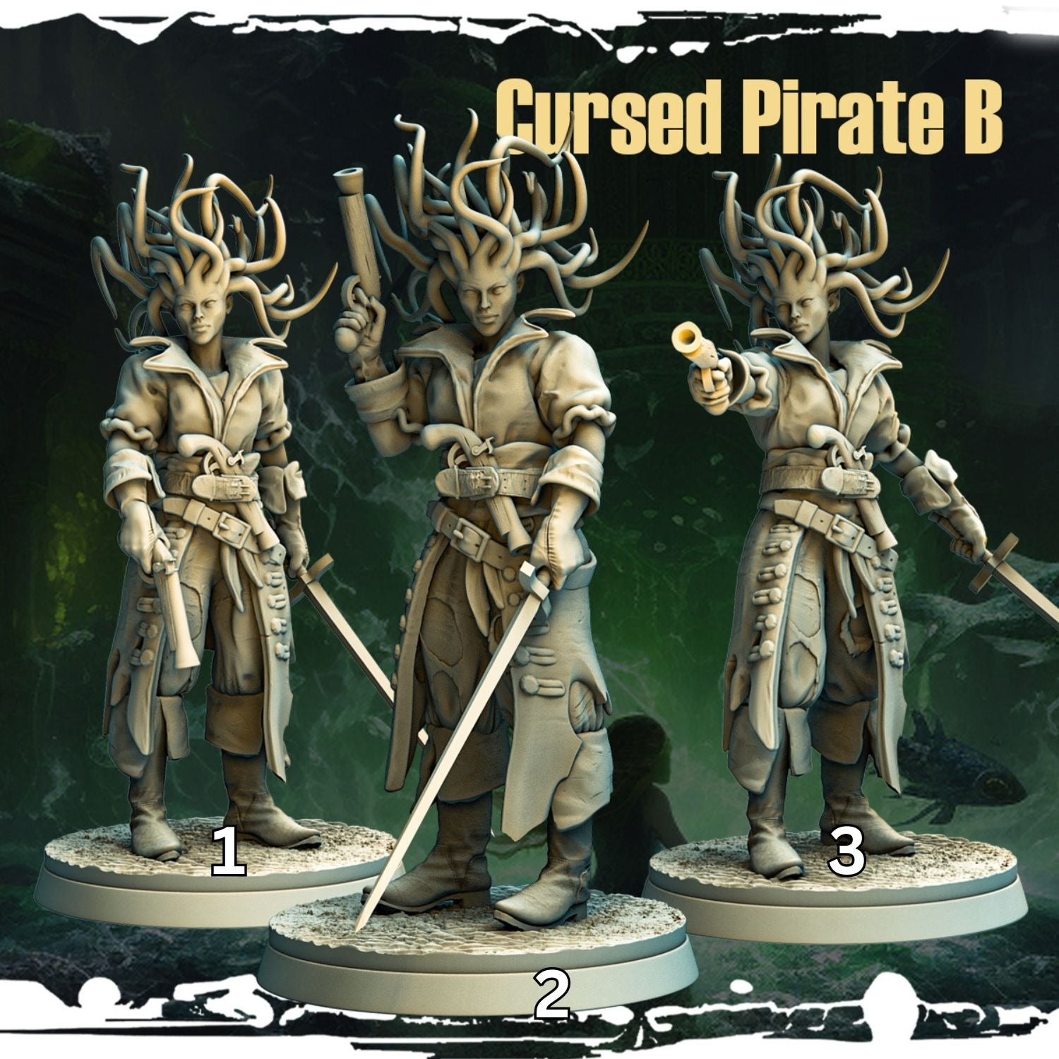 Cursed Pirates - Terror on Cursed Waters - 3d Printed Miniature Sculpted by Monolith Arts