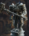 A detailed 3D rendering of a heavily armored and armed mechanical figure, likely a character from a fantasy or science fiction setting. The figure is equipped with various weapons and armor, and is standing on a platform.