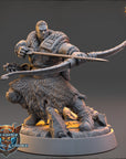 A detailed 3D model of a warrior figure wielding a bow and arrow, standing on a rocky base.