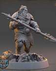 A detailed 3D model of a warrior figure holding a spear and standing on a rocky base.