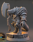 A detailed 3D model of a fantastical creature, possibly a dragon or serpent, holding a large weapon and standing on a rock formation. The creature is intricately detailed and appears to be armored, suggesting it may be a warrior or warrior-like figure.