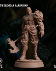 a detailed 3D model of a muscular, bearded male figure wielding a large weapon, likely a sword or spear, with a dragon-like creature in the background.