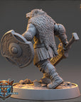 A detailed 3D model of a warrior figure, likely from a fantasy or adventure game, standing on a base and holding a shield and sword.
