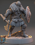 A detailed 3D model of a warrior figure, wearing a helmet and armor, holding a shield and sword, standing on a platform.