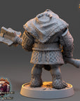 A 3D rendering of a fantasy character, likely a warrior or knight, with a large hammer or weapon in their hand. The character is wearing a distinctive outfit with fur trim and has a distinctive hairstyle. The image is described as a "daybreak strategy" and is part of a "The Wardens of Fury Peaks" series.