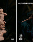 two figurines of Air Elfmar Rangers, a type of fantasy character, posed in different dynamic stances. The figurines are displayed on stands labeled A and B, and the background features a dark, mysterious setting with lightning and other elements.